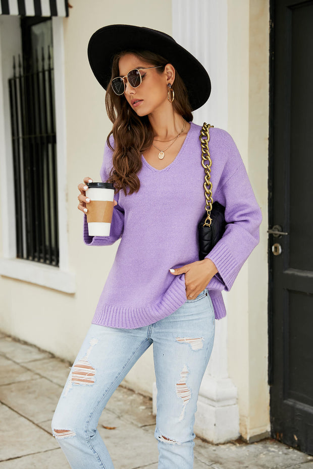 Drop Shoulder V-Neck Knit Pullover Trendsi