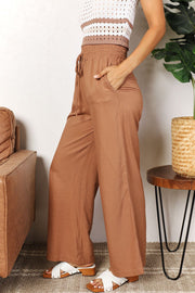 Double Take Drawstring Smocked Waist Wide Leg Pants Trendsi