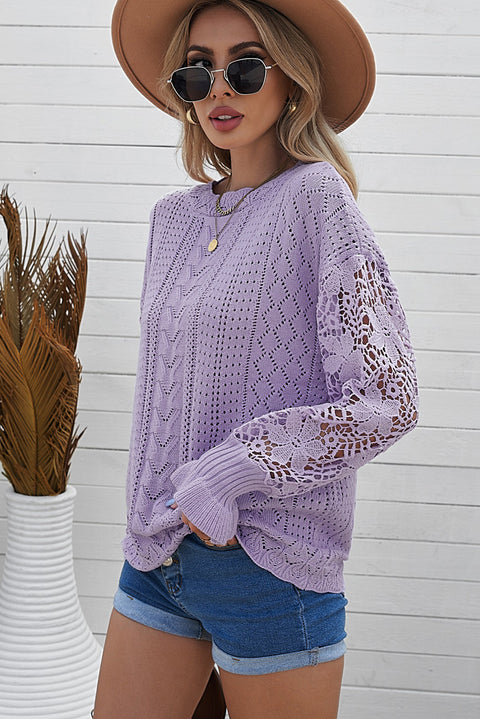 Openwork Lantern Sleeve Dropped Shoulder Sweater Trendsi