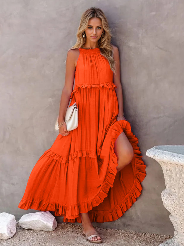 Ruffled Sleeveless Tiered Maxi Dress with Pockets Trendsi