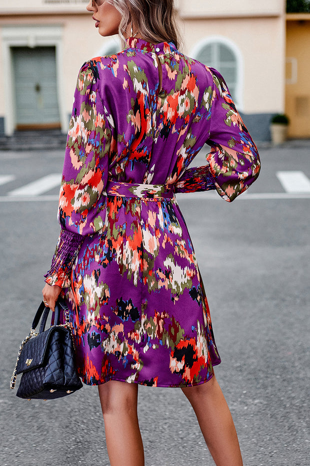 Printed Tie Waist Mock Neck Lantern Sleeve Dress Trendsi