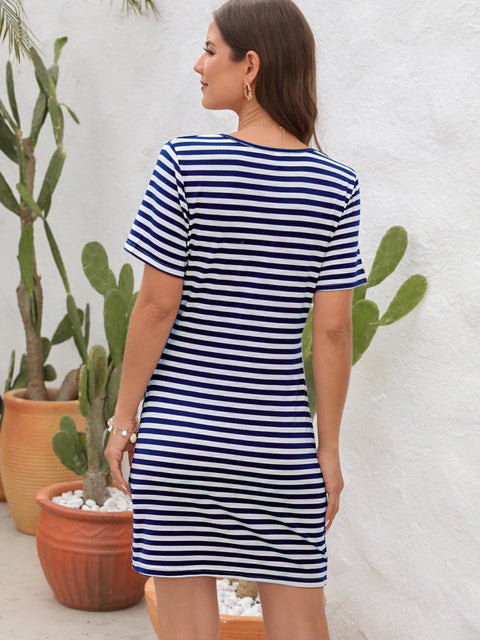 Cutout Striped Round Neck Short Sleeve Dress Trendsi