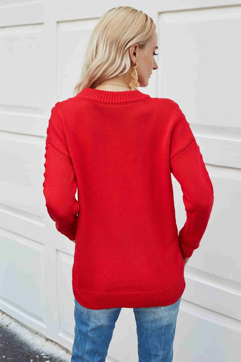 Pom-Pom Drop Shoulder Ribbed Trim Sweater Trendsi