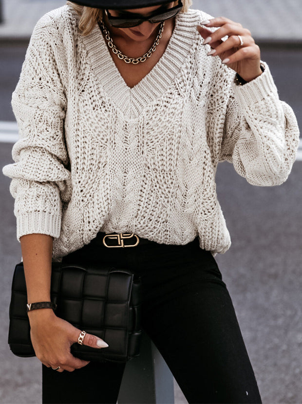 V-Neck Cable-Knit Long Sleeve Sweater Trendsi