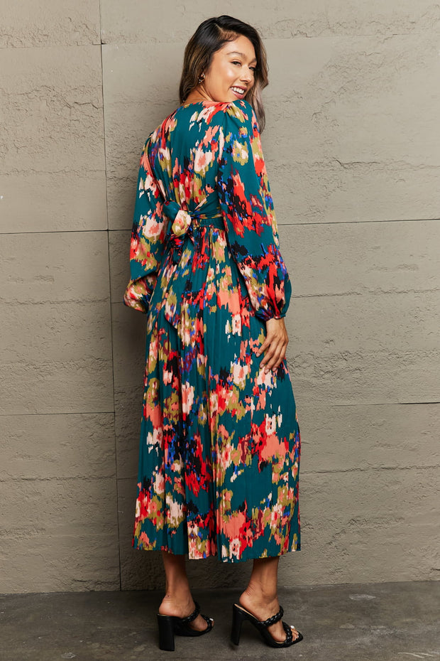 Printed Deep V Slit Pleated Dress Trendsi