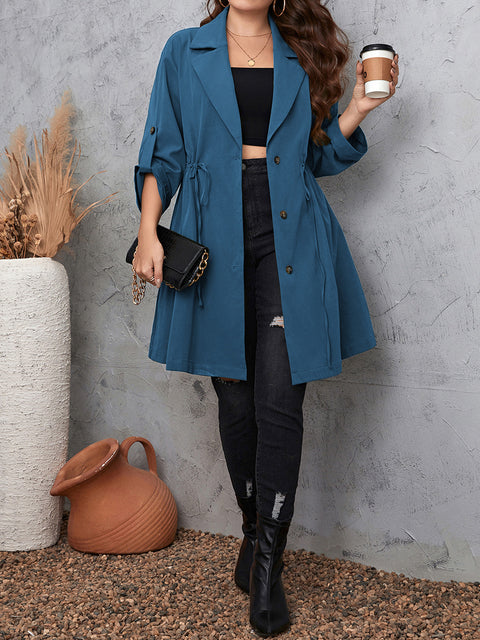 Plus Size Lapel Collar Drawstring Roll-Tab Sleeve Trench Coat Trendsi