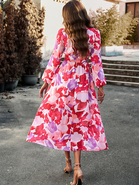 Printed V-Neck Long Sleeve Midi Dress Trendsi