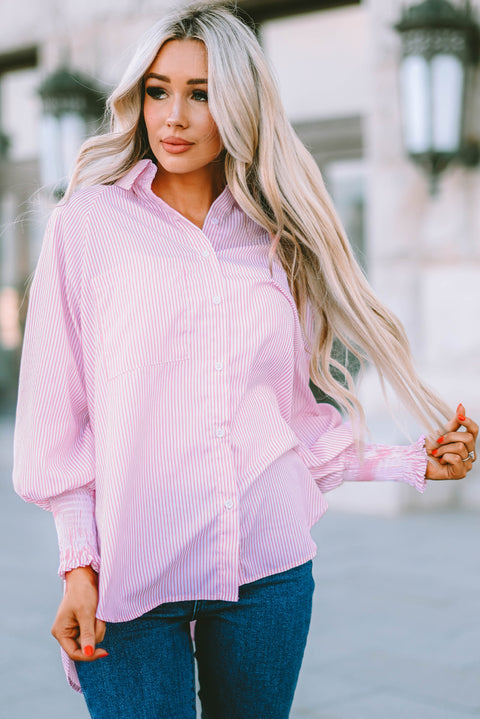 Striped Lantern Sleeve Collared Shirt Trendsi