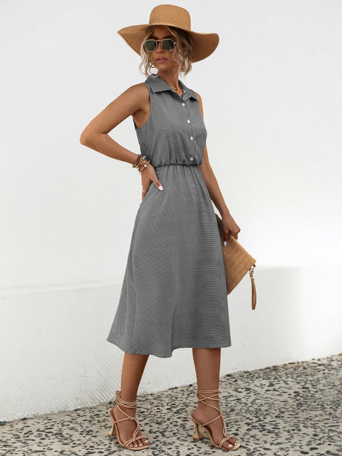 Striped Collared Neck Sleeveless Midi Dress Trendsi