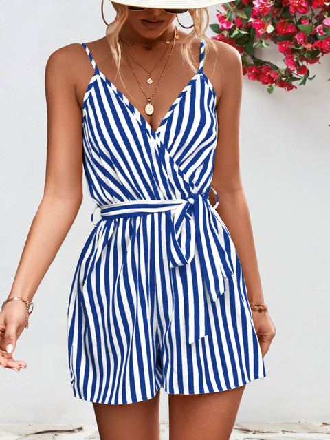 Striped Tie Waist Spaghetti Strap Romper Trendsi