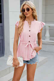 Eyelet Notched Cap Sleeve Blouse Trendsi