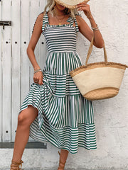 Smocked Striped Square Neck Midi Dress Trendsi