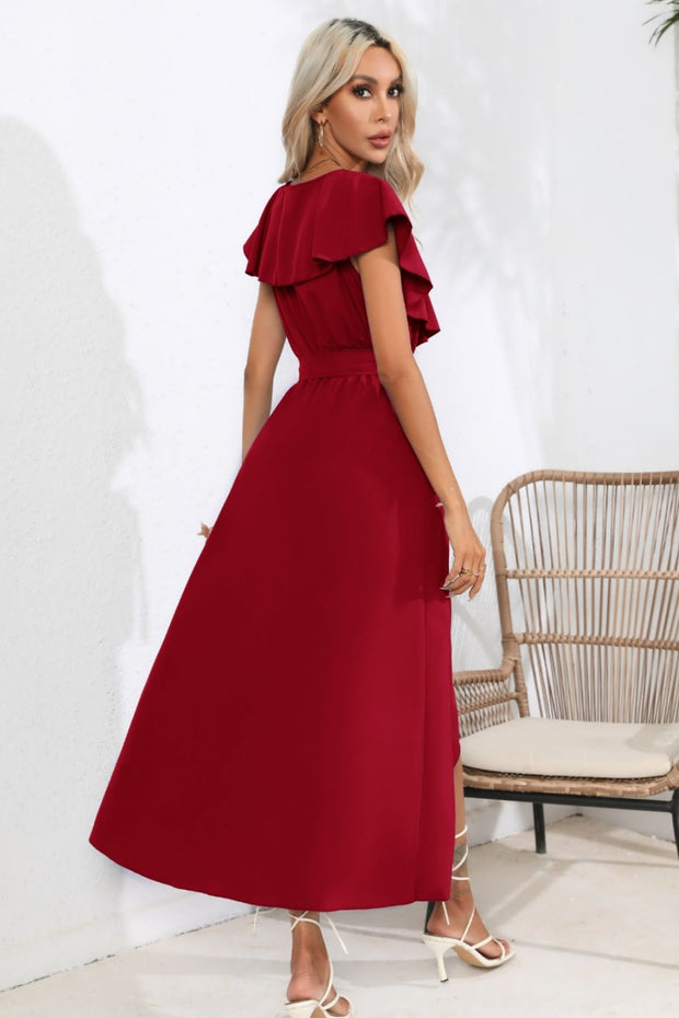 Ruffled Tied V-Neck Midi Dress Trendsi