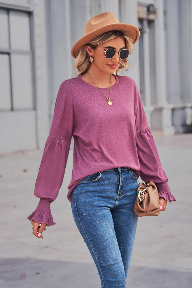 Round Neck Flounce Sleeve Blouse Trendsi