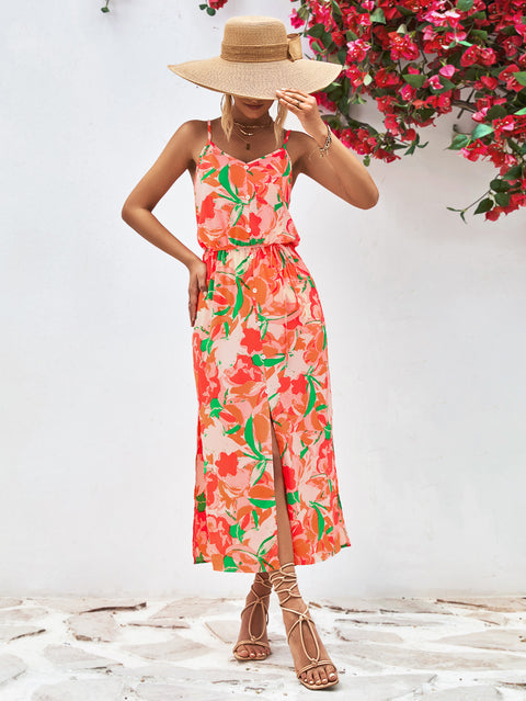 Printed Spaghetti Strap Front Slit Dress Trendsi