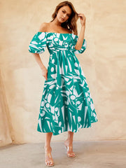 Printed Off-Shoulder Balloon Sleeve Dress Trendsi