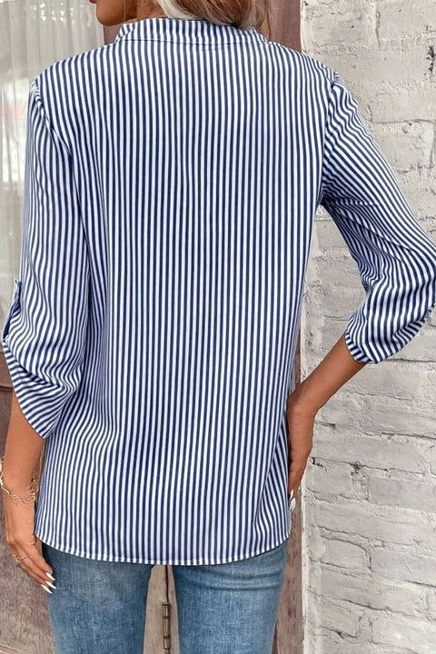 Striped Notched Roll-Tab Sleeve Shirt Trendsi