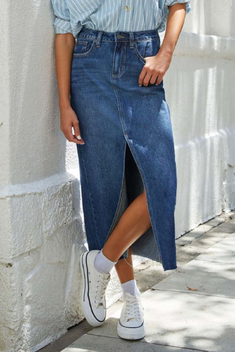 Slit Raw Hem Midi Denim Skirt Trendsi