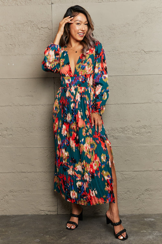 Printed Deep V Slit Pleated Dress Trendsi