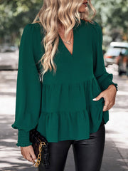 Notched Neck Lantern Sleeve Blouse Trendsi