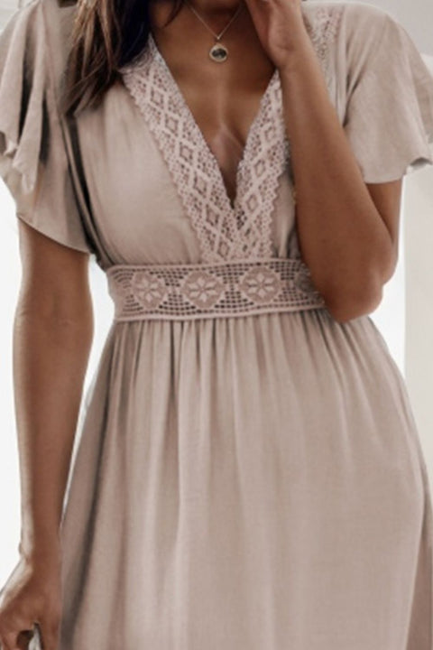 Lace Detail V-Neck Flutter Sleeve Dress Trendsi