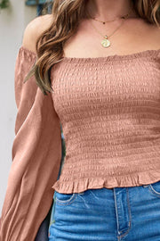 Smocked Square Neck Long Sleeve Blouse Trendsi