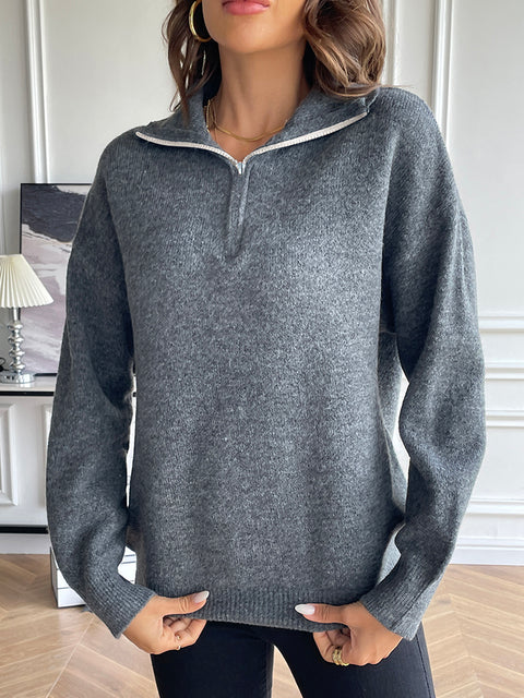 Half Zip Dropped Shoulder Sweater Trendsi