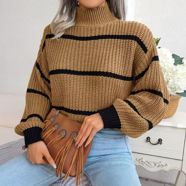 Striped Mock Neck Dropped Shoulder Sweater Trendsi