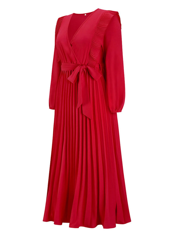 Pleated Surplice Tie Waist Maxi Dress Trendsi