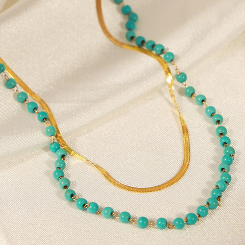 Turquoise Titanium Steel Double-Layered Necklace Trendsi