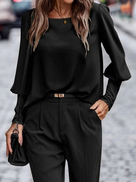 Round Neck Lantern Sleeve Blouse Trendsi