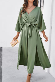 Slit Tied V-Neck Three-Quarter Sleeve Dress