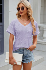 Eyelet V-Neck Short Sleeve T-Shirt Trendsi