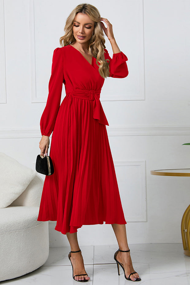 V-Neck Long Sleeve Tie Waist Midi Dress Trendsi