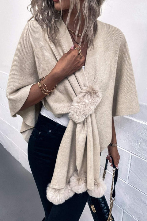 Surplice Neck Pom-Pom Trim Poncho Trendsi