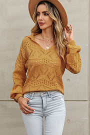 Openwork Lantern Sleeve Sweater Trendsi