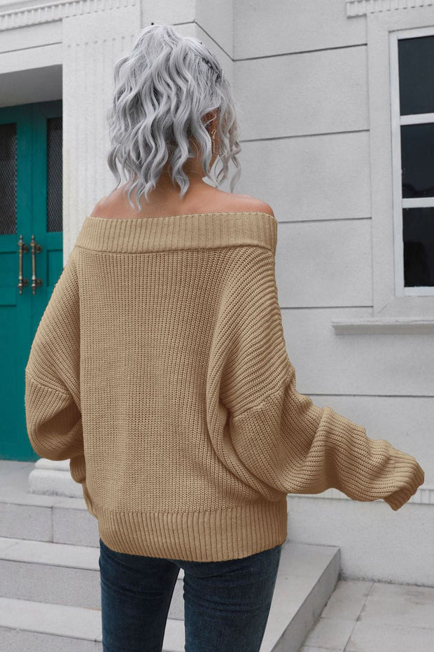 Off-Shoulder Ribbed Long Sleeve Pullover Sweater Trendsi