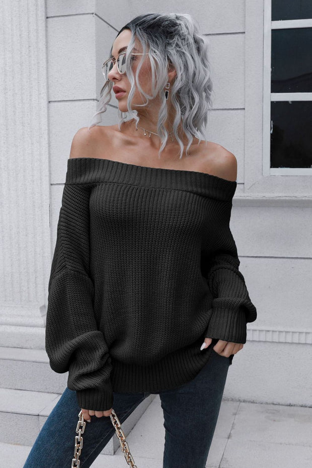 Off-Shoulder Ribbed Long Sleeve Pullover Sweater Trendsi