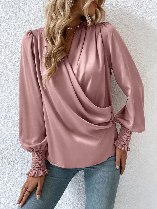 Surplice Smocked Lantern Sleeve Blouse Trendsi