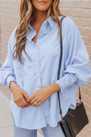 Striped Lantern Sleeve Collared Shirt Trendsi