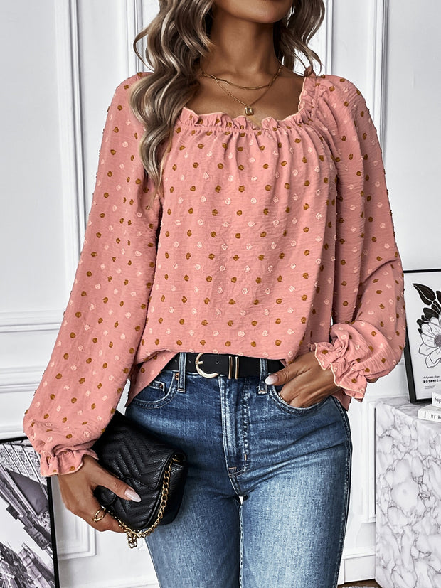 Swiss Dot Square Neck Flounce Sleeve Blouse Trendsi