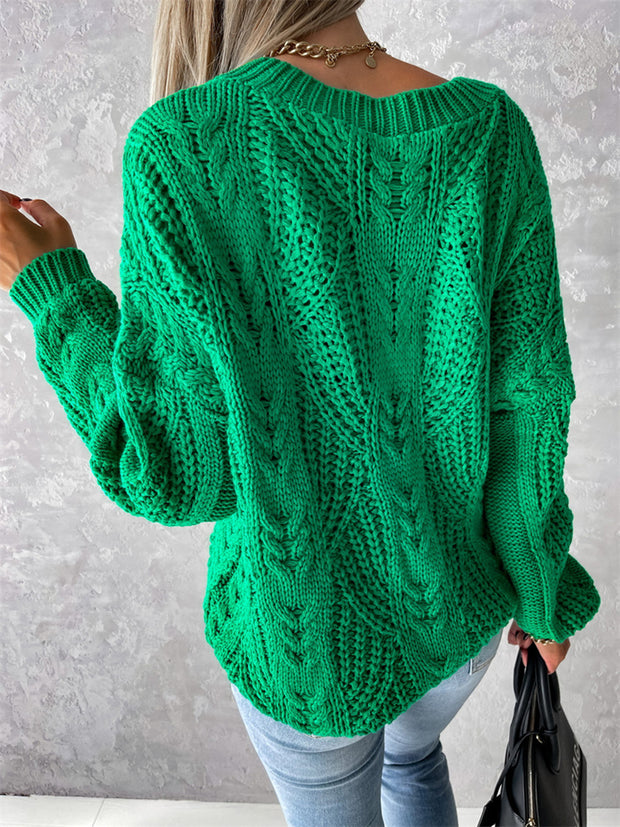 V-Neck Cable-Knit Long Sleeve Sweater Trendsi