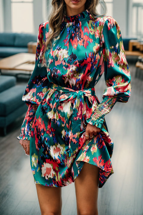 Printed Tied Lantern Sleeve Mini Dress Trendsi