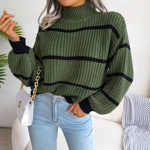 Striped Mock Neck Dropped Shoulder Sweater Trendsi