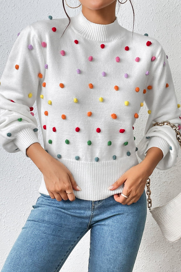 Pom-Pom Trim Mock Neck Long Sleeve Pullover Sweater Trendsi