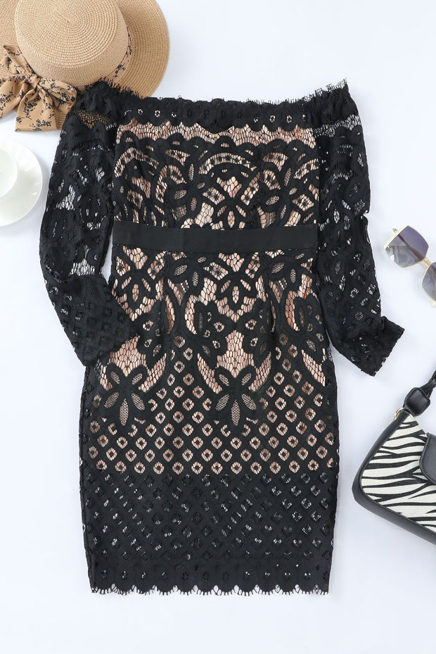 Off-Shoulder Long Sleeve Lace Dress Trendsi