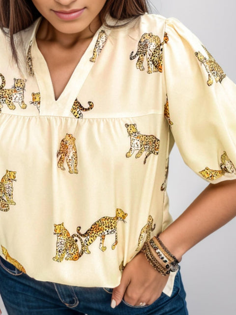 Plus Size Tiger Printed Notched Blouse Trendsi