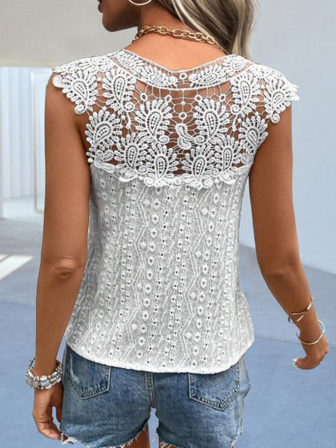 Cutout Lace Detail Notched Blouse Trendsi