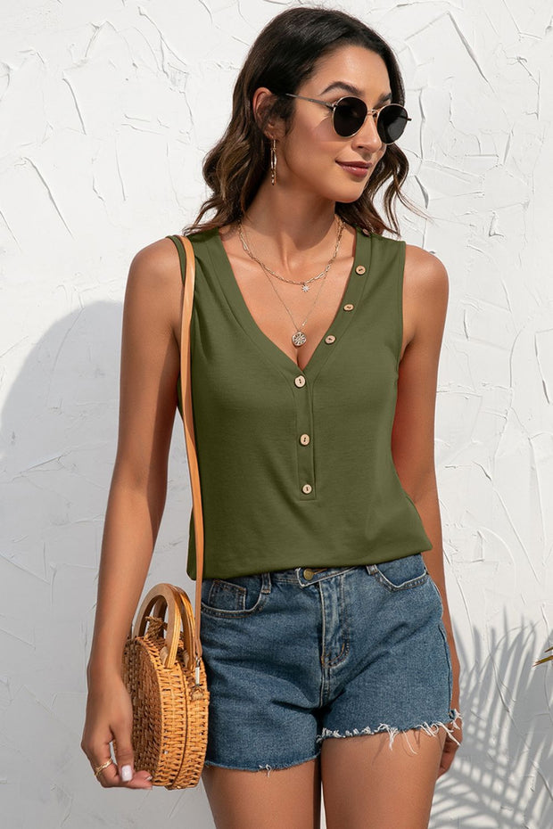 Buttoned Deep V Tank Trendsi