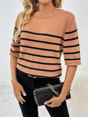 Striped Round Neck Half Sleeve Knit Top Trendsi